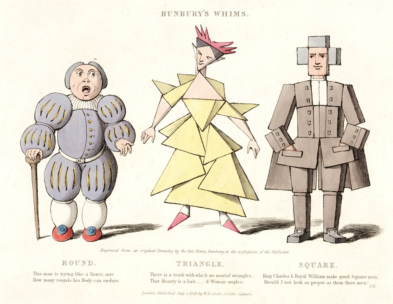 Rund, Dreieck und Quadrat, aus Bunburys Whims, 1828 von Henry William after Bunbury