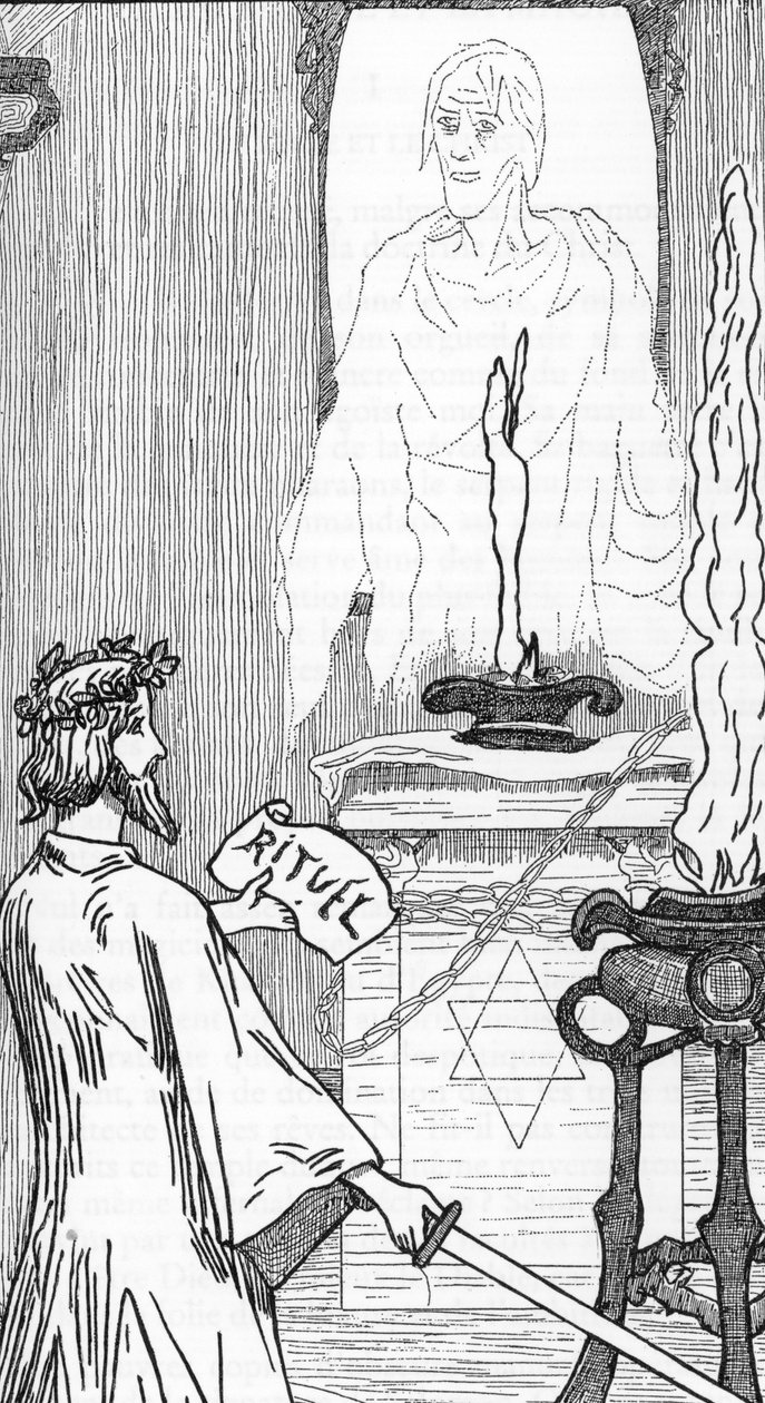 Spiritismus: Beschwörung von Geistern. Zeichnung von Henry de Malvost aus „Satanismus und Magie“ von Jules Bois 1895. Private Sammlung von Henry de Malvost