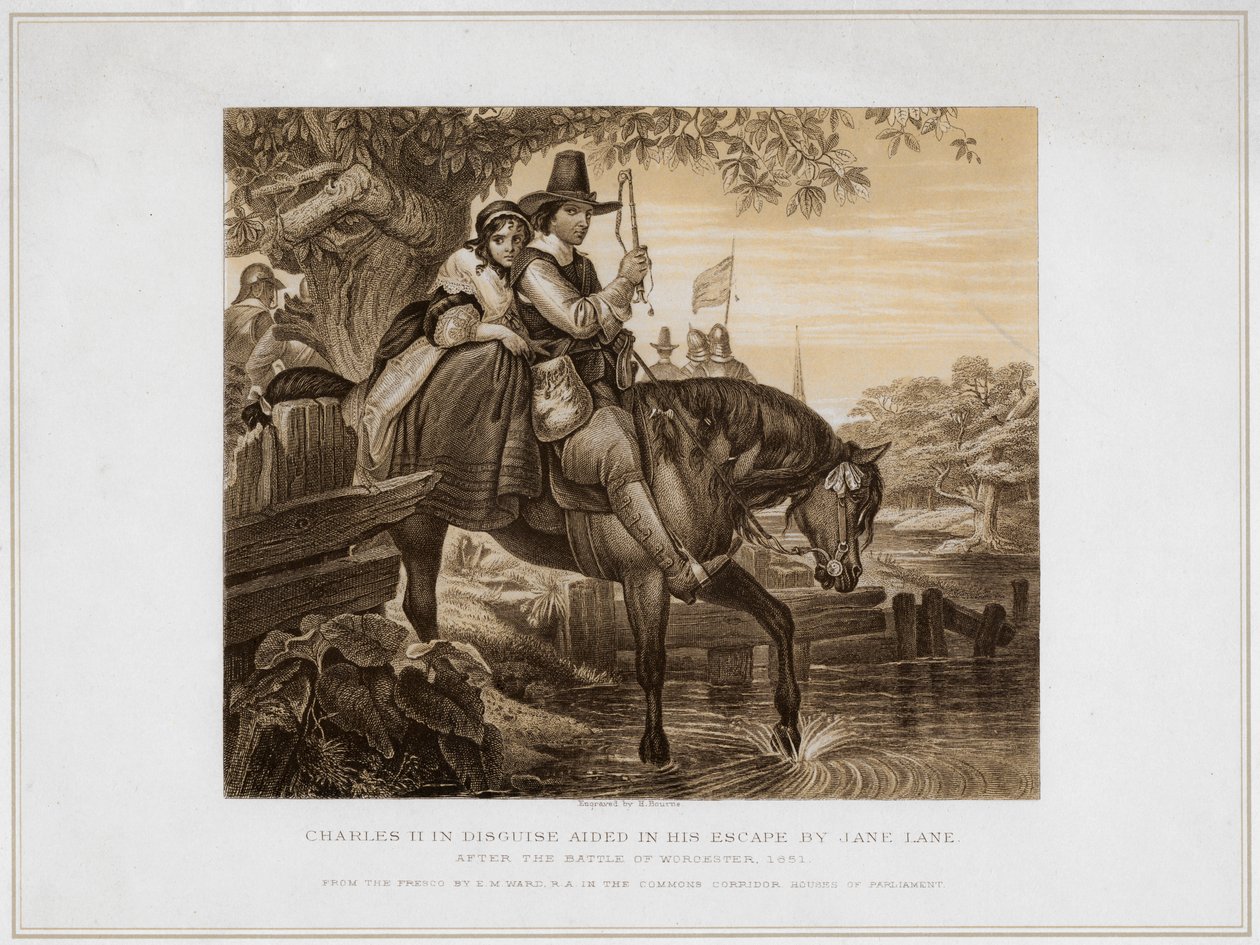 Charles II in Verkleidung, unterstützt bei seiner Flucht von Jane Lane von Herbert Bourne