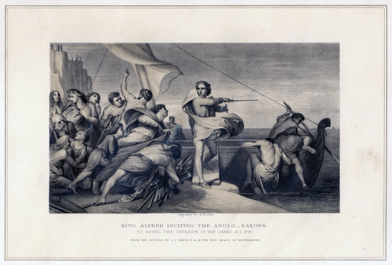König Alfred spornt die Angelsachsen an, die Invasion der Dänen abzuwehren, 896, ca. 1847 von Herbert Bourne