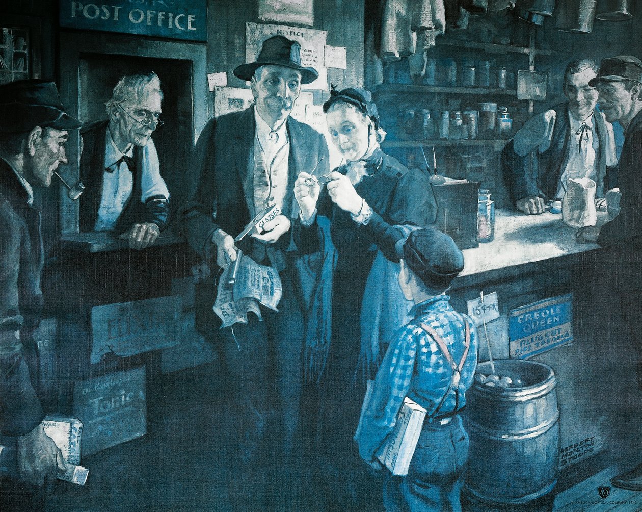 Der Brillenanbieter im späten 19. Jahrhundert, Werbung für die American Optical Company von Herbert Morton Stoops