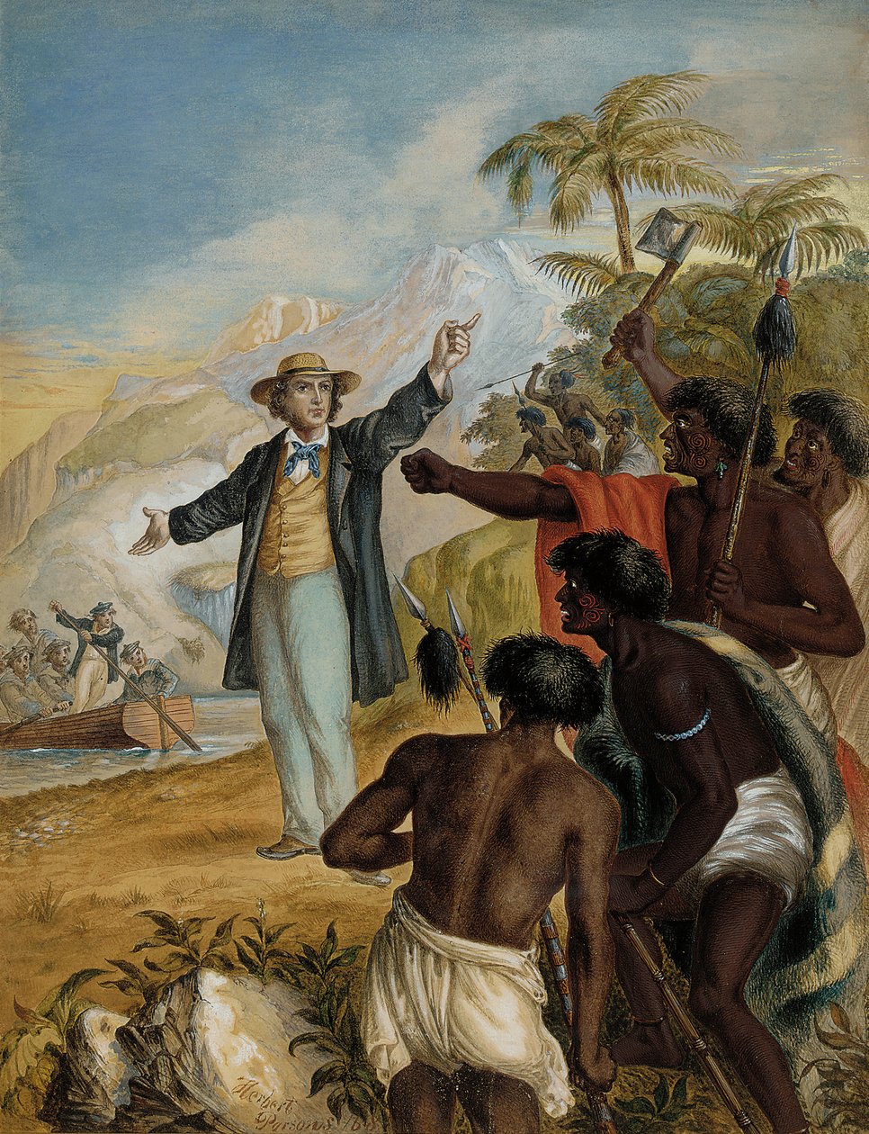 Ein schottischer Missionar, der an Land kommt und von kriegerischen Maoris konfrontiert wird, 1868 von Herbert Parsons
