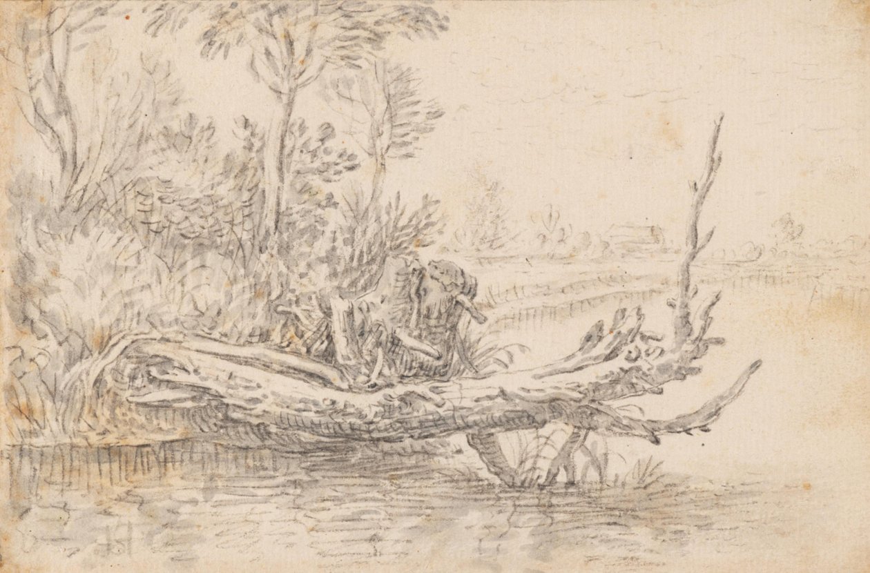 Ein umgestürzter Baum an einem Wasserufer von Herman Saftleven