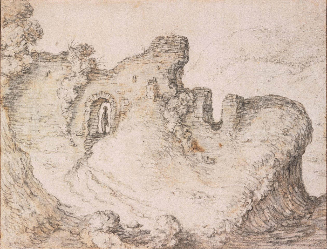 Felslandschaft mit Ruinen, die das Profil eines Männergesichts bilden von Herman Saftleven
