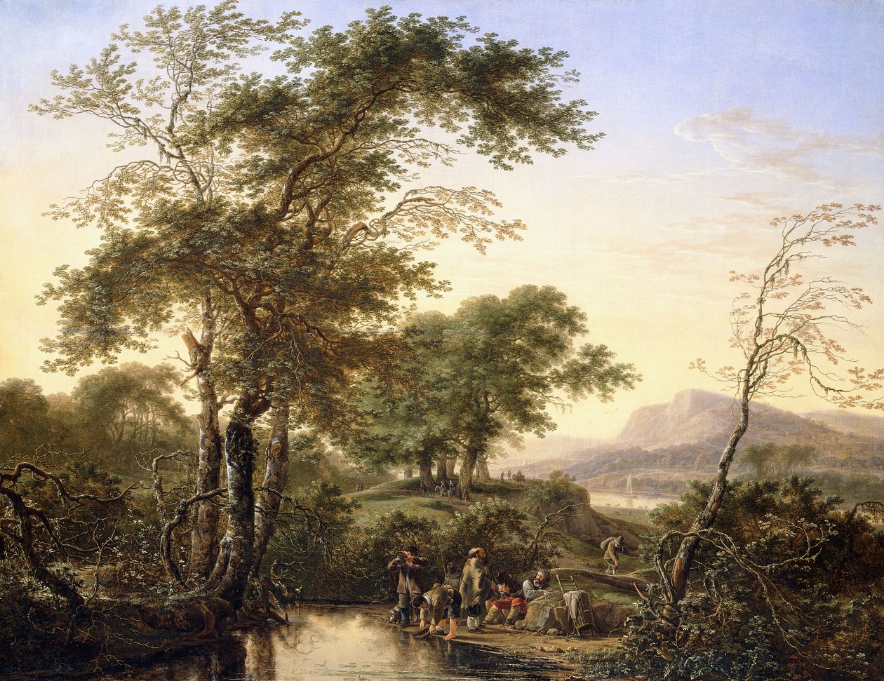 Eine weite italienische Flusslandschaft mit Reisenden an einem Teich, 1646 von Herman the Younger Saftleven