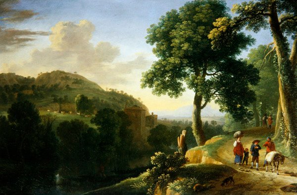 Eine italienische Landschaft mit Reisenden und einem Esel, ca. 1640 von Herman van Swanevelt