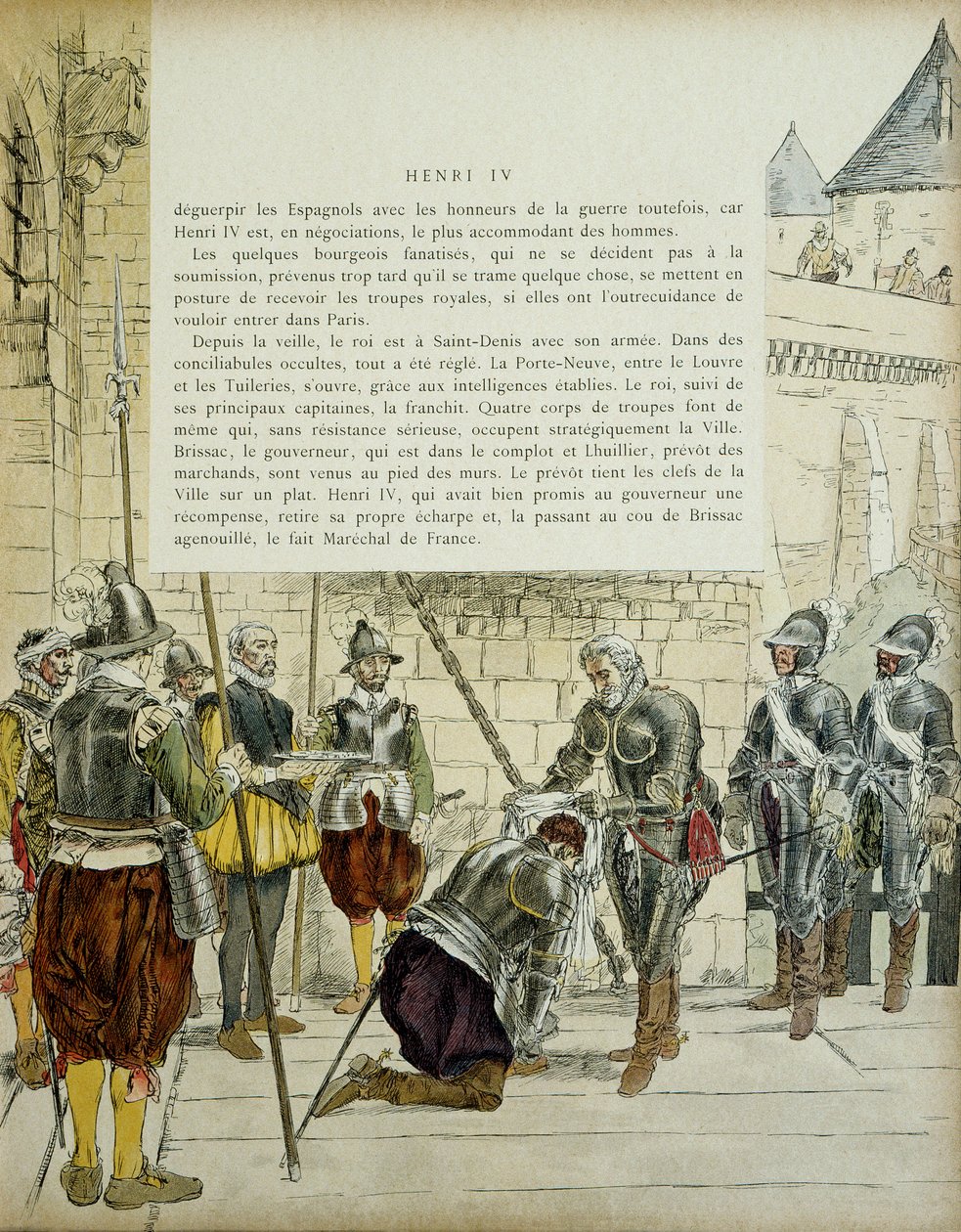 Charles II. de Cossé Brissac (1562-1621 oder 1626), von Heinrich IV. (1553-1610) zum Marschall von Frankreich ernannt, bevor er am 22. März 1594 in Paris einzieht. Der Prévôt der Kaufleute Jean Lhuillier (?) steht daneben und hält die Schlüssel der Stadt.  von Hermann Vogel