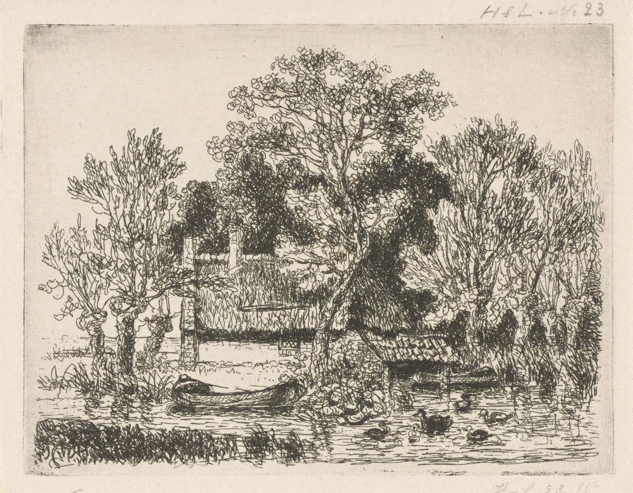 Flusslandschaft mit einem Boot und Enten von Hermanus Jan Hendrik van Rijkelijkhuysen