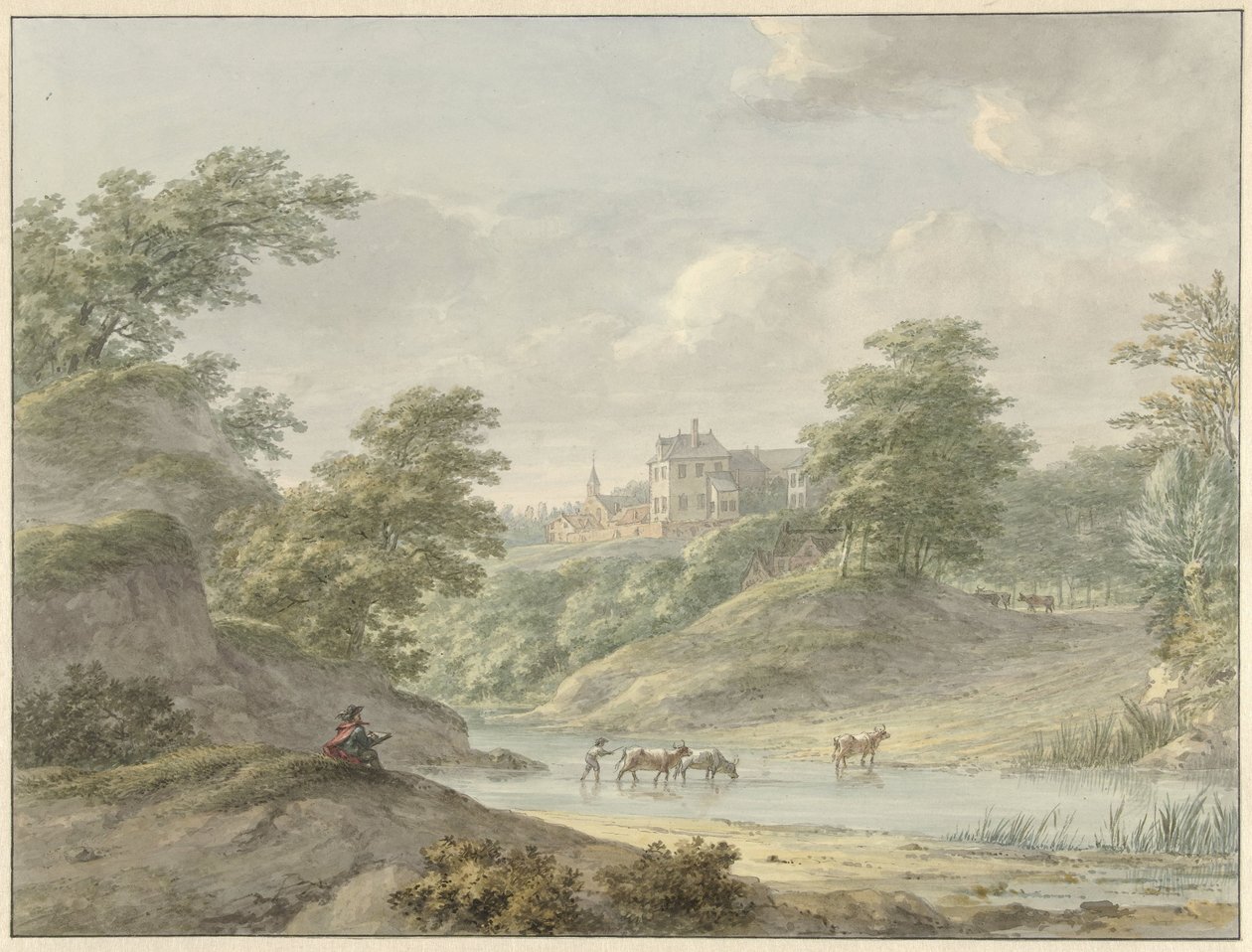 Landschaft mit sitzendem Zeichner und Schloss am Wasser von Hermanus Numan