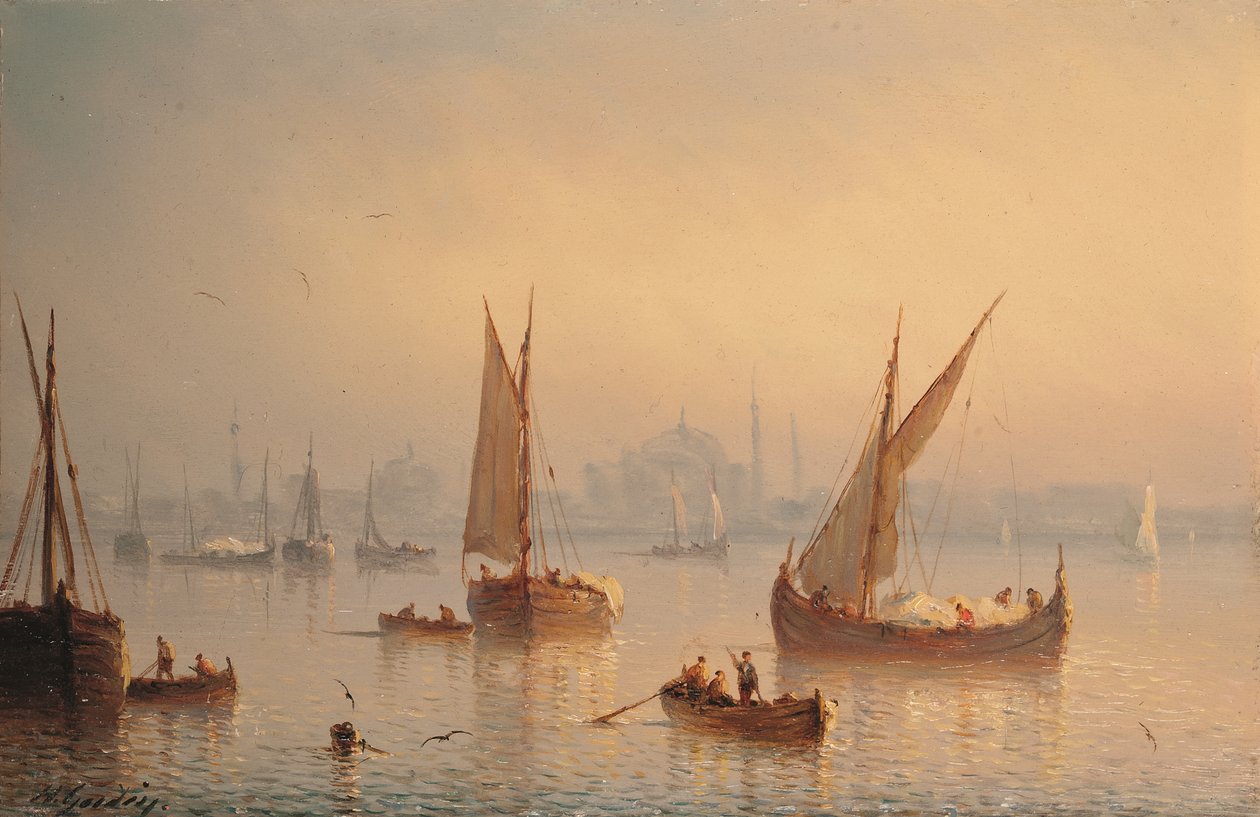 Schiffe auf dem Bosporus, Hagia Sophia Moschee im Hintergrund von Herminie or Henriette (fl.1849 53) Gudin