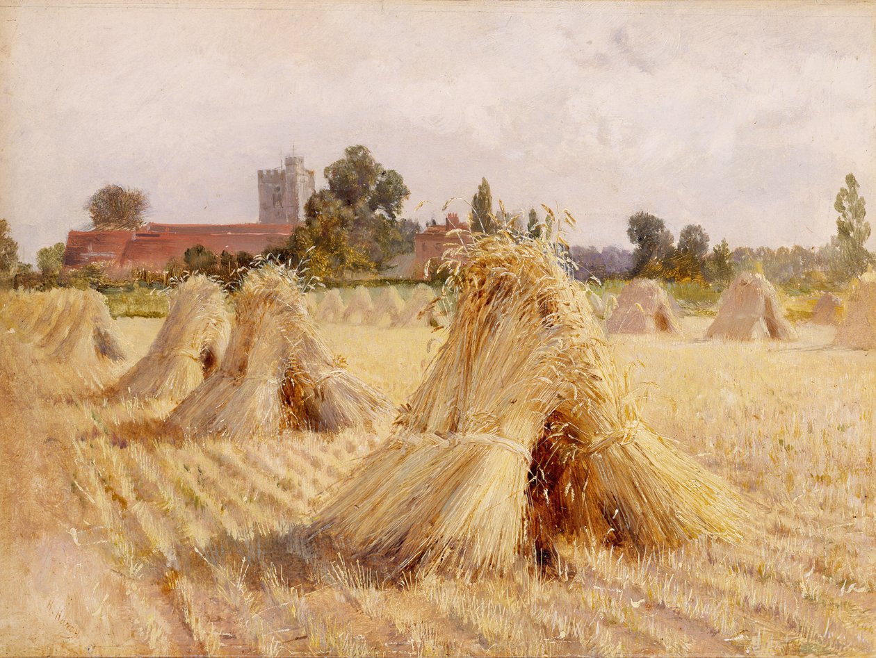 Getreidegarben bei der Kirche von Bray, 1872 von Heywood Hardy