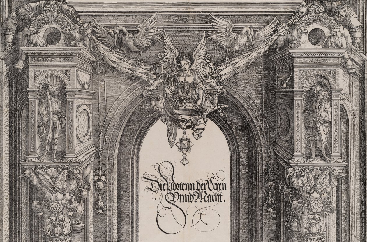 Der obere Teil des Eingangs zum zentralen Portal mit einer geflügelten Figur, die das I..., 1515 von Hieronymus Andreae
