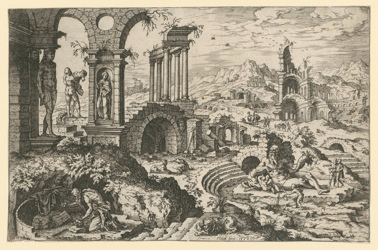 Der heilige Hieronymus in einer Ruinenlandschaft von Hieronymus Cock