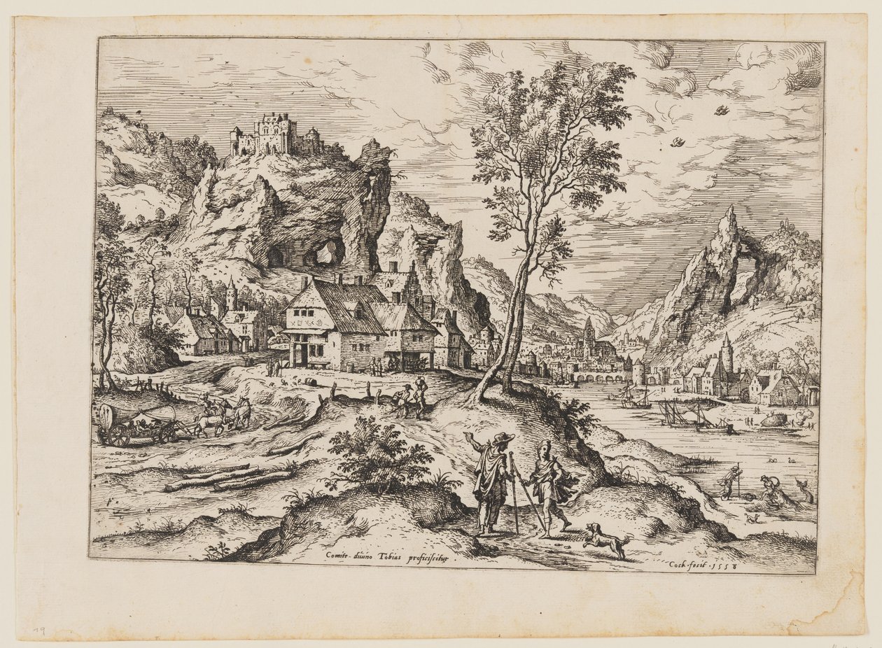 Tobias mit dem Engel und Hund, aus Landschaften mit biblischen und mythologischen Szenen von Hieronymus Cock
