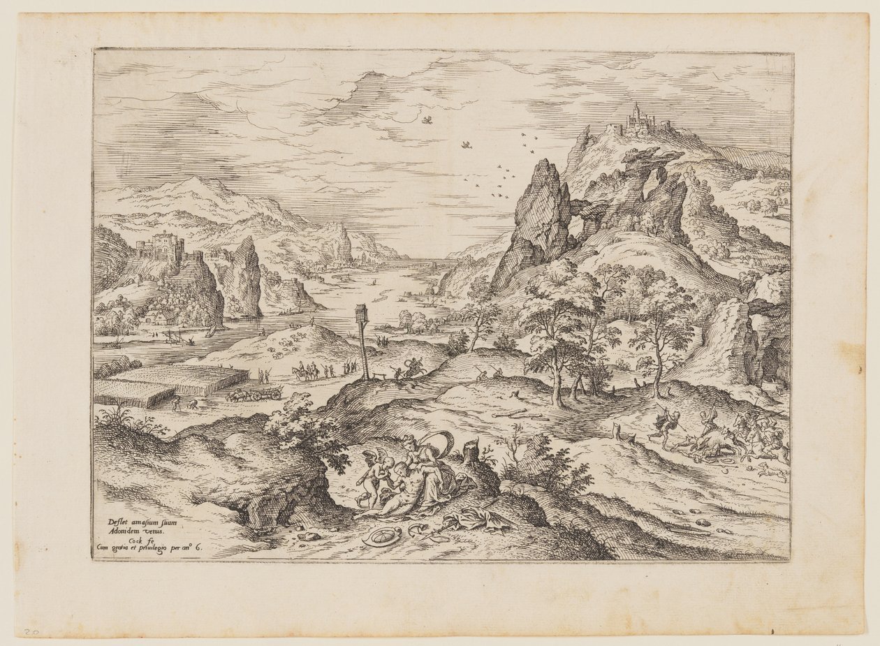 Venus und Adonis, aus Landschaften mit biblischen und mythologischen Szenen von Hieronymus Cock