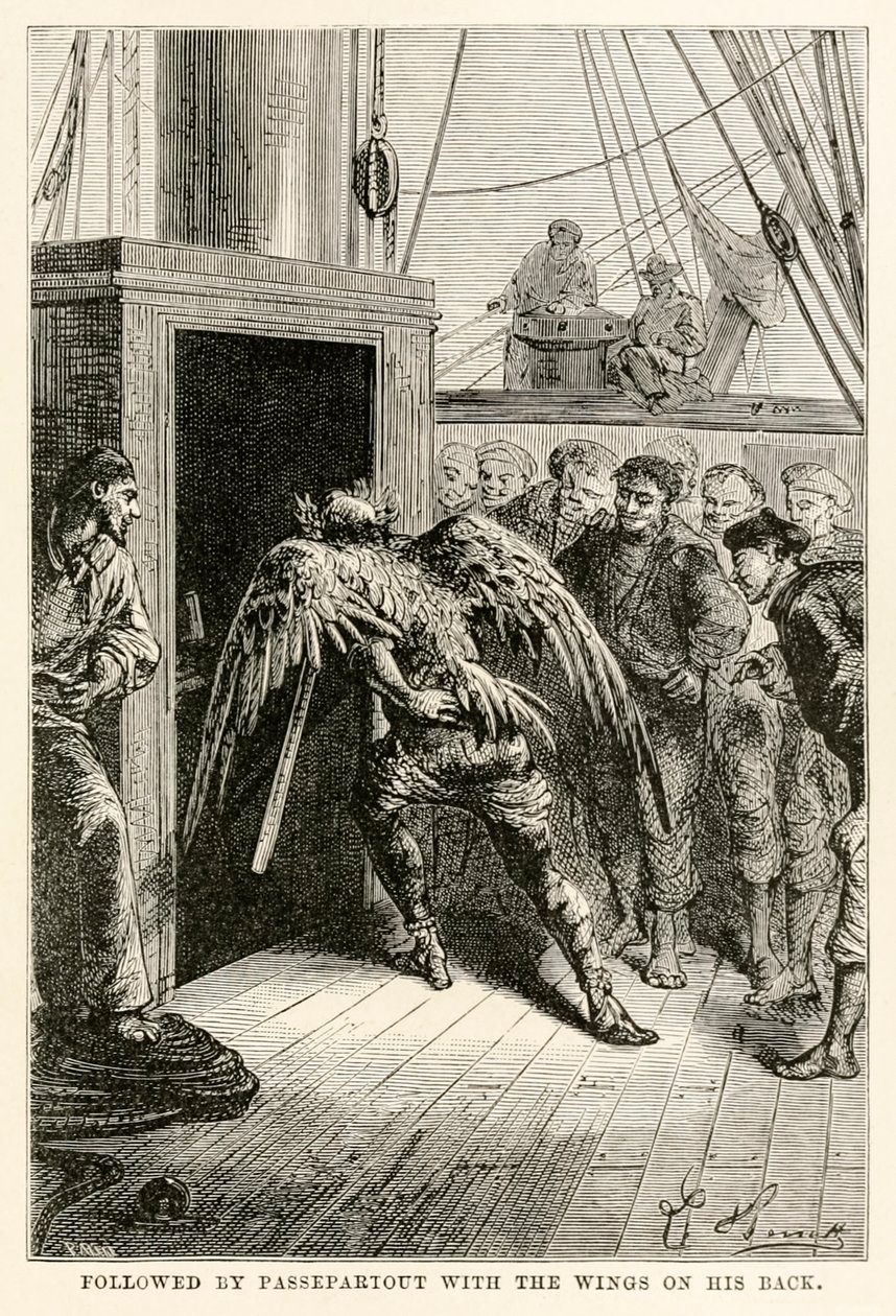 Gefolgt von Passepartout mit den Flügeln auf dem Rücken, aus In 80 Tagen um die Welt von Jules Verne (1828-1905), graviert von Adolphe François Pannemaker (1822-1900), 1873 von Hippolyte Leon after Benett
