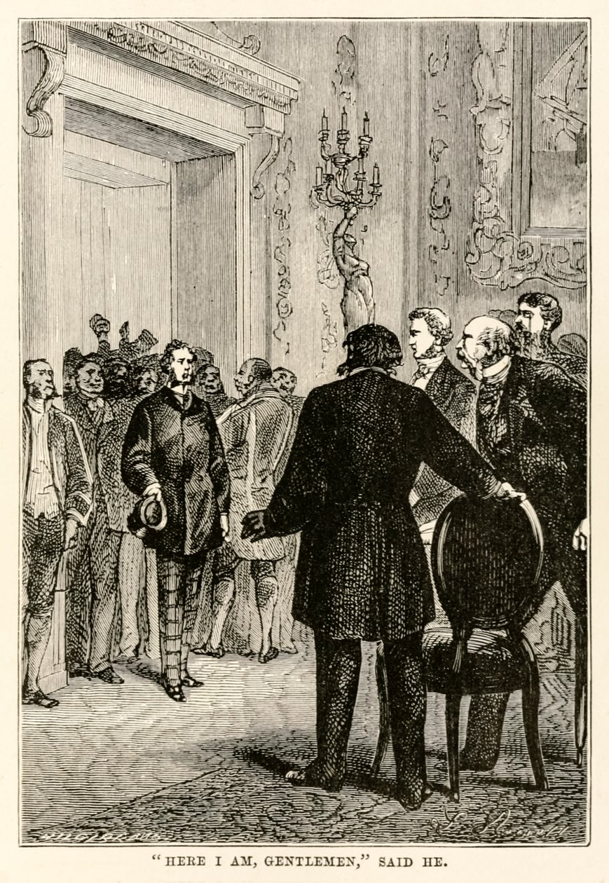 Hier bin ich, meine Herren, sagte er, aus In 80 Tagen um die Welt von Jules Verne (1828-1905) graviert von Henri-Théophile Hildebrand (1824-97), 1873 von Hippolyte Leon after Benett