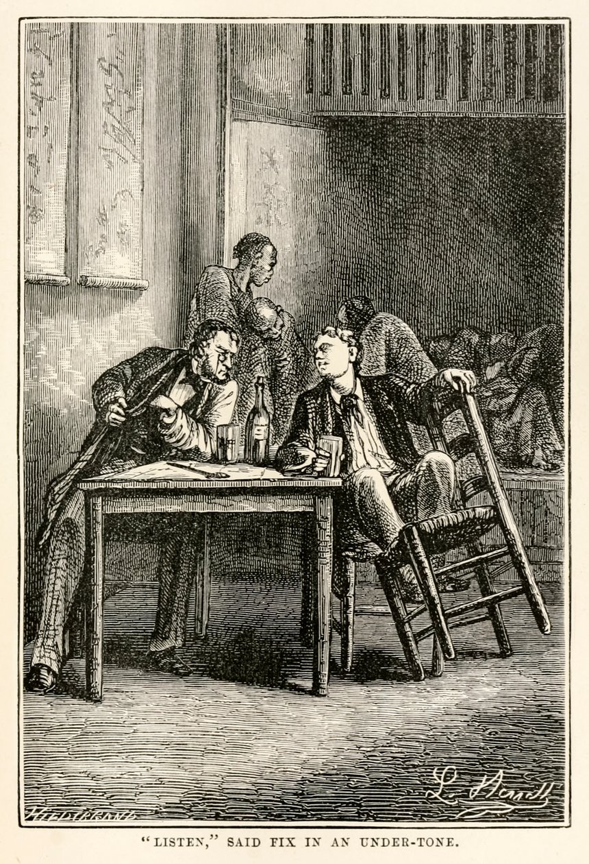 Hören Sie, sagte Fix im Flüsterton, aus In 80 Tagen um die Welt von Jules Verne (1828-1905) graviert von Henri-Théophile Hildebrand (1824-97), 1873 von Hippolyte Leon after Benett