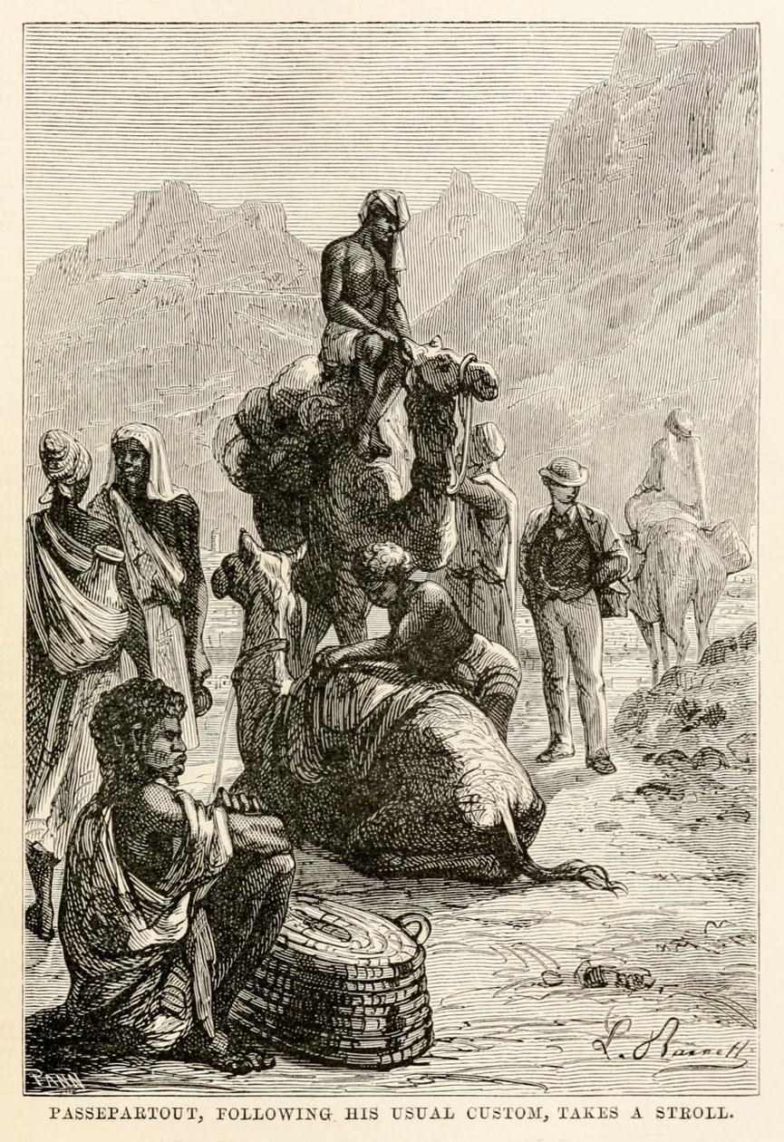 Passepartout, der seiner üblichen Gewohnheit folgt, macht einen Spaziergang, aus In 80 Tagen um die Welt von Jules Verne, graviert von Adolphe François Pannemaker, 1873 von Hippolyte Leon after Benett