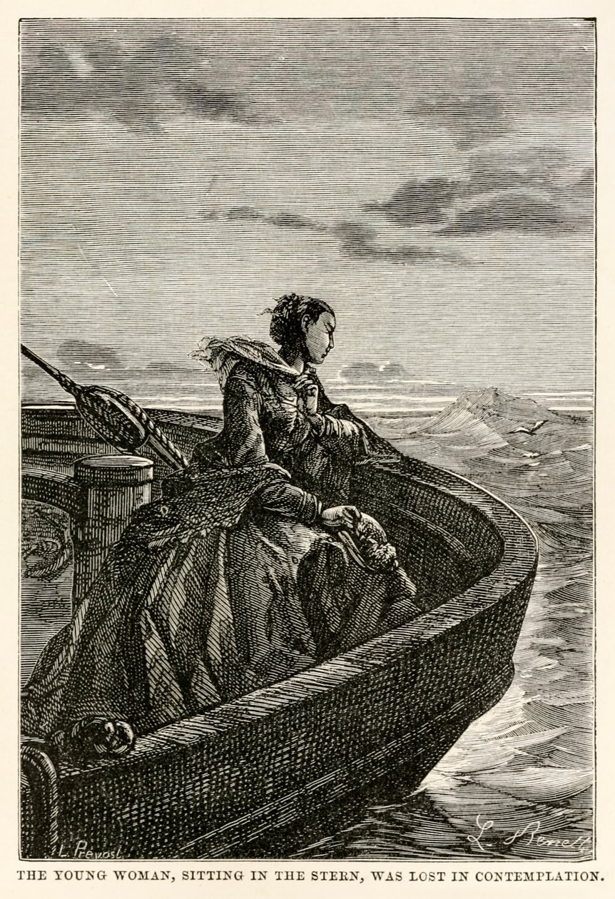 Die junge Frau, die im Heck saß, war in Kontemplation versunken, aus In 80 Tagen um die Welt von Jules Verne (1828-1905), graviert von Jean Louis Prevost, (1790-1850), 1873 von Hippolyte Leon after Benett