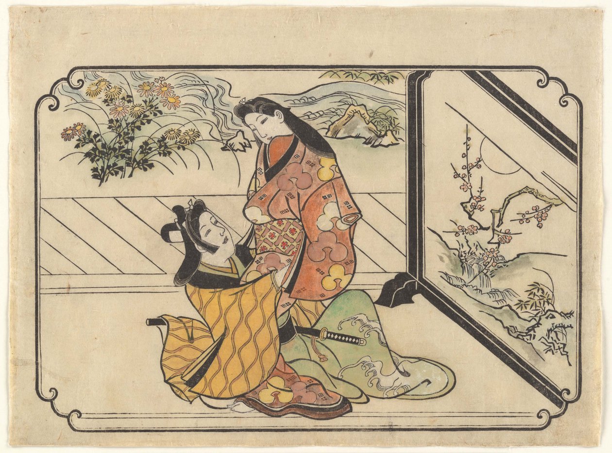 Kurtisane mit einem jungen Mann (Wakashu) neben einem Wandschirm von Hishikawa Moronobu