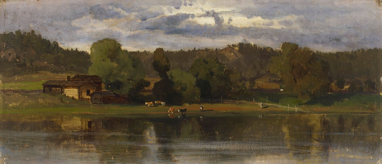 Kühe am Seeufer, Abendstimmung von Hjalmar Munsterhjelm