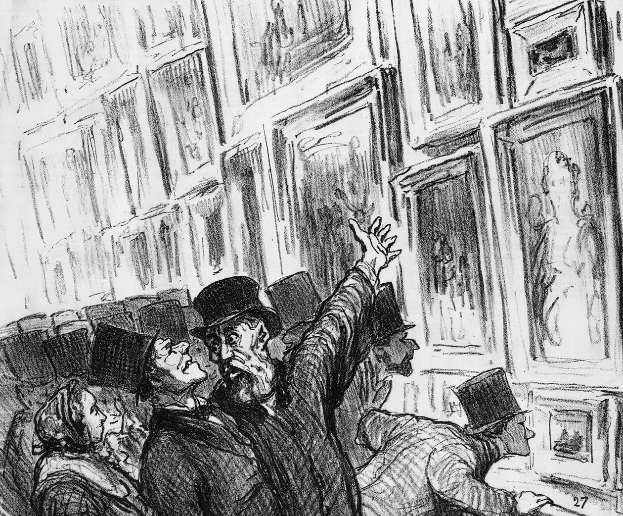 Künstler wird auf dem Pariser Salon 1859 über die Platzierung seines Werkes in der Ausstellung getröstet, Karikatur aus der Zeitschrift 