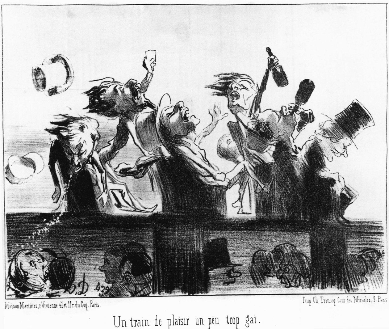 Ein lustiger Zug, ein wenig zu fröhlich: aus „Les trains de Plaisir“, Serie von Karikaturen über die Eisenbahnen von Honore Daumier (1808-1879). „Charivari“ von Honoré Daumier