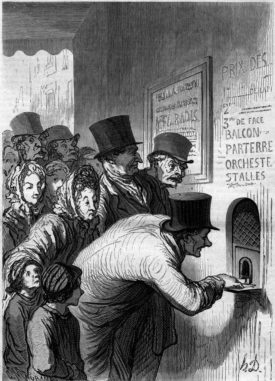 Ein Theaterfenster. Karikatur von Honore Daumier (1808-1879). Gravur in „Le Monde Illustré“ Nr. 269 vom 7. Juni 1862. von Honoré Daumier