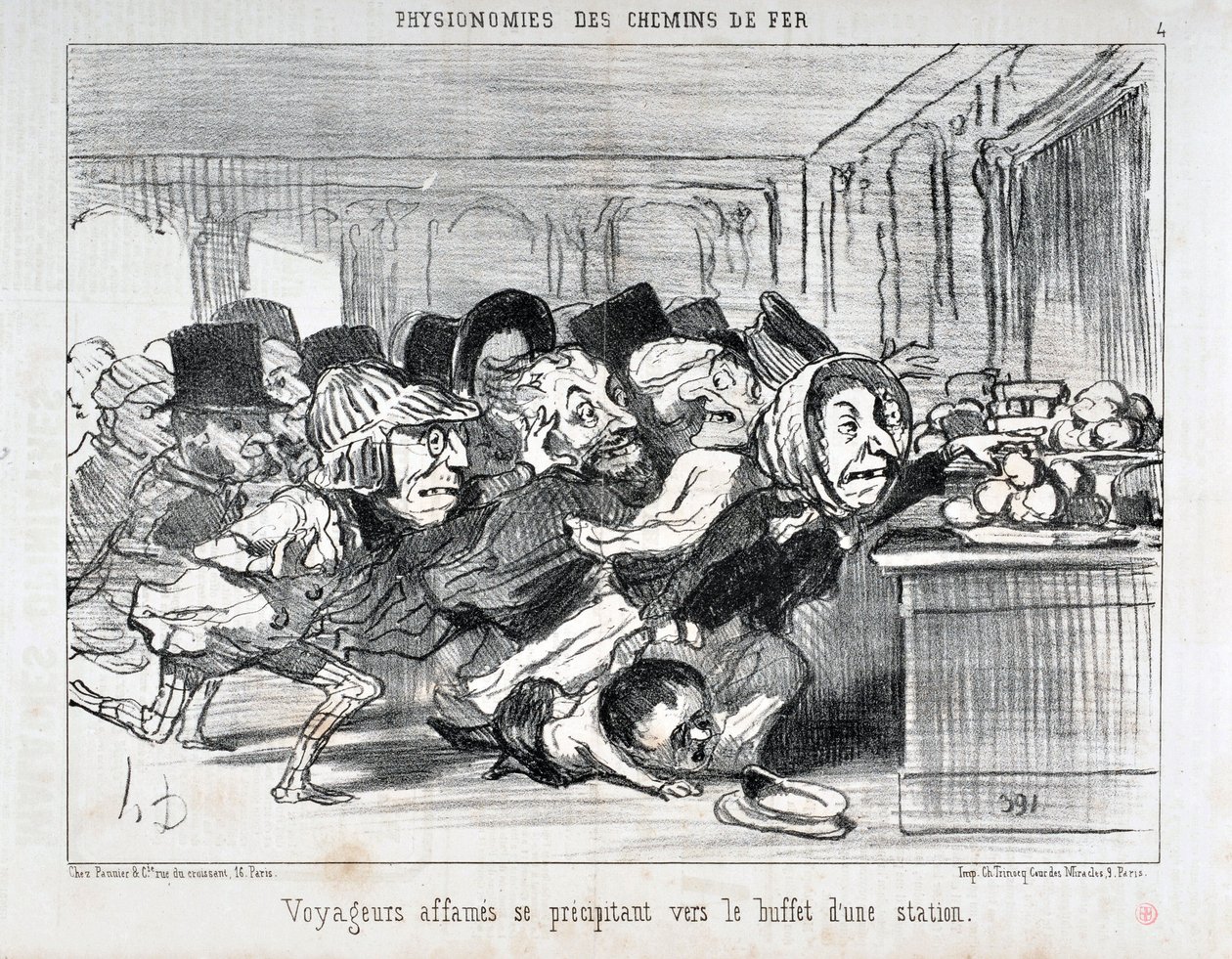 Serie „Physiognomien der Eisenbahnen“. „Hungrige Reisende stürzen sich auf das Buffet einer Station“. von Honoré Daumier