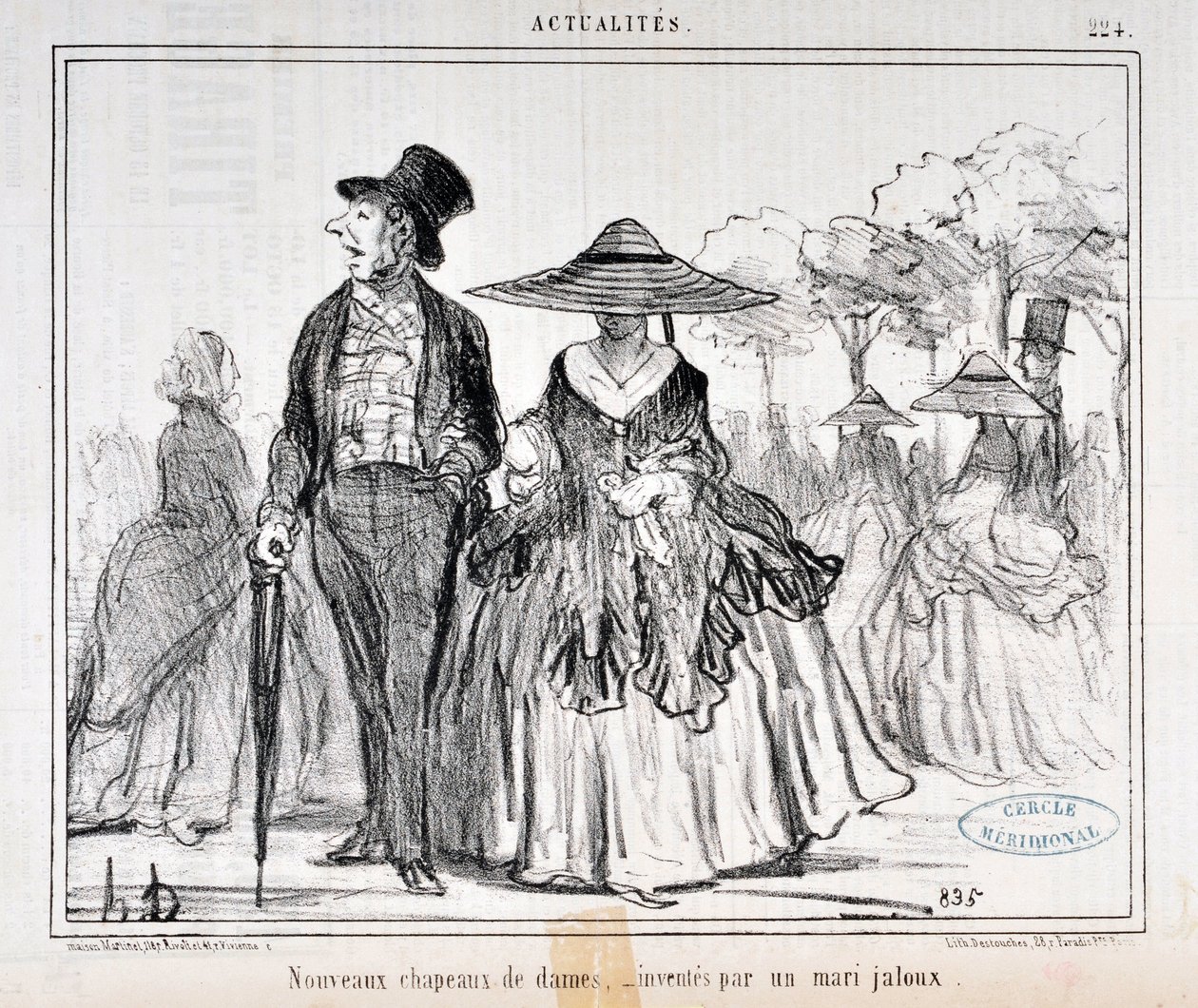 Werk von Honore Daumier (1855): Serie Actualites „Neue Damenhüte, erfunden von einem eifersüchtigen Ehemann“ von Honoré Daumier