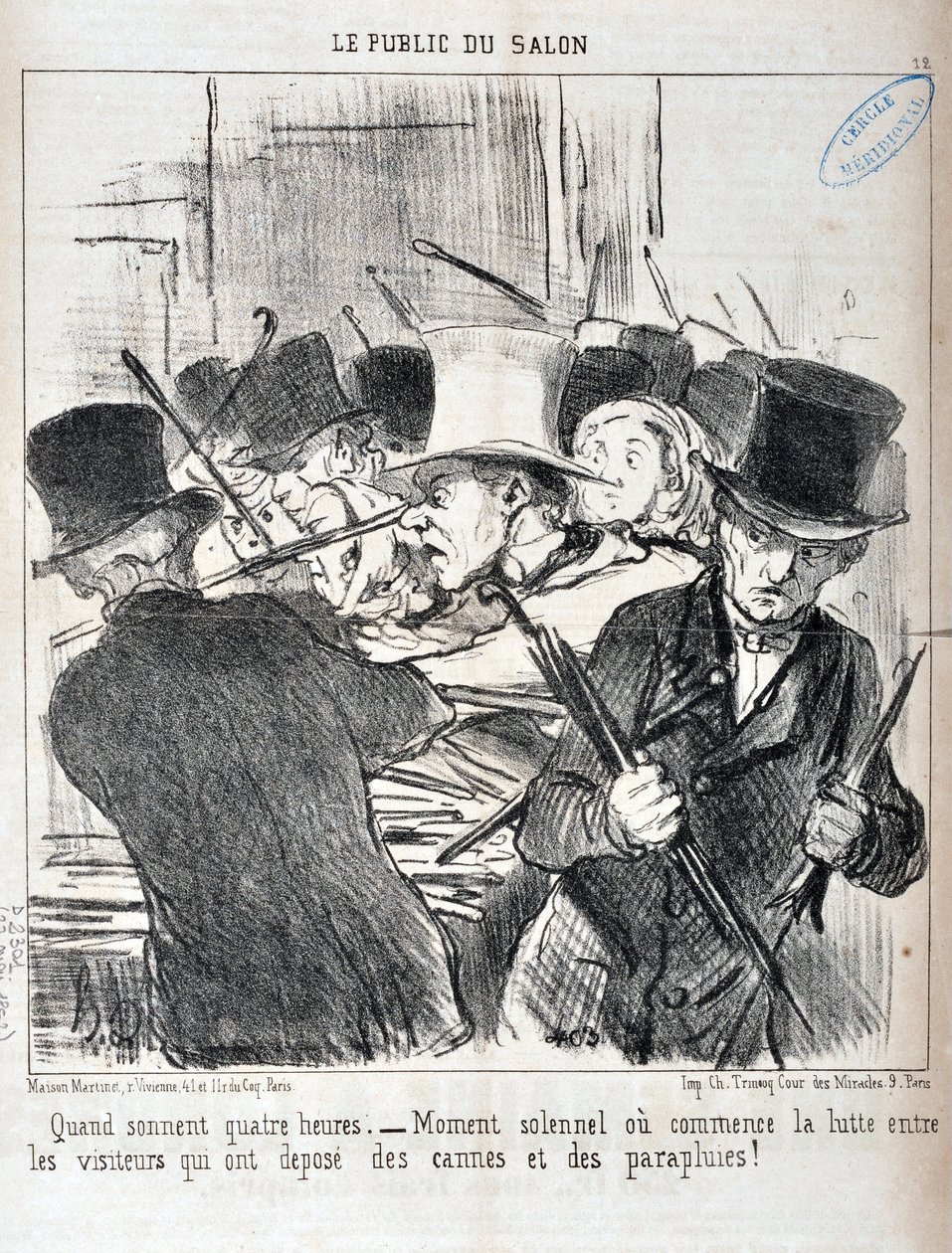 Wenn es vier Uhr schlägt - feierlicher Moment, in dem der Kampf zwischen den Besuchern beginnt, die Stöcke und Regenschirme abgelegt haben von Honoré Daumier