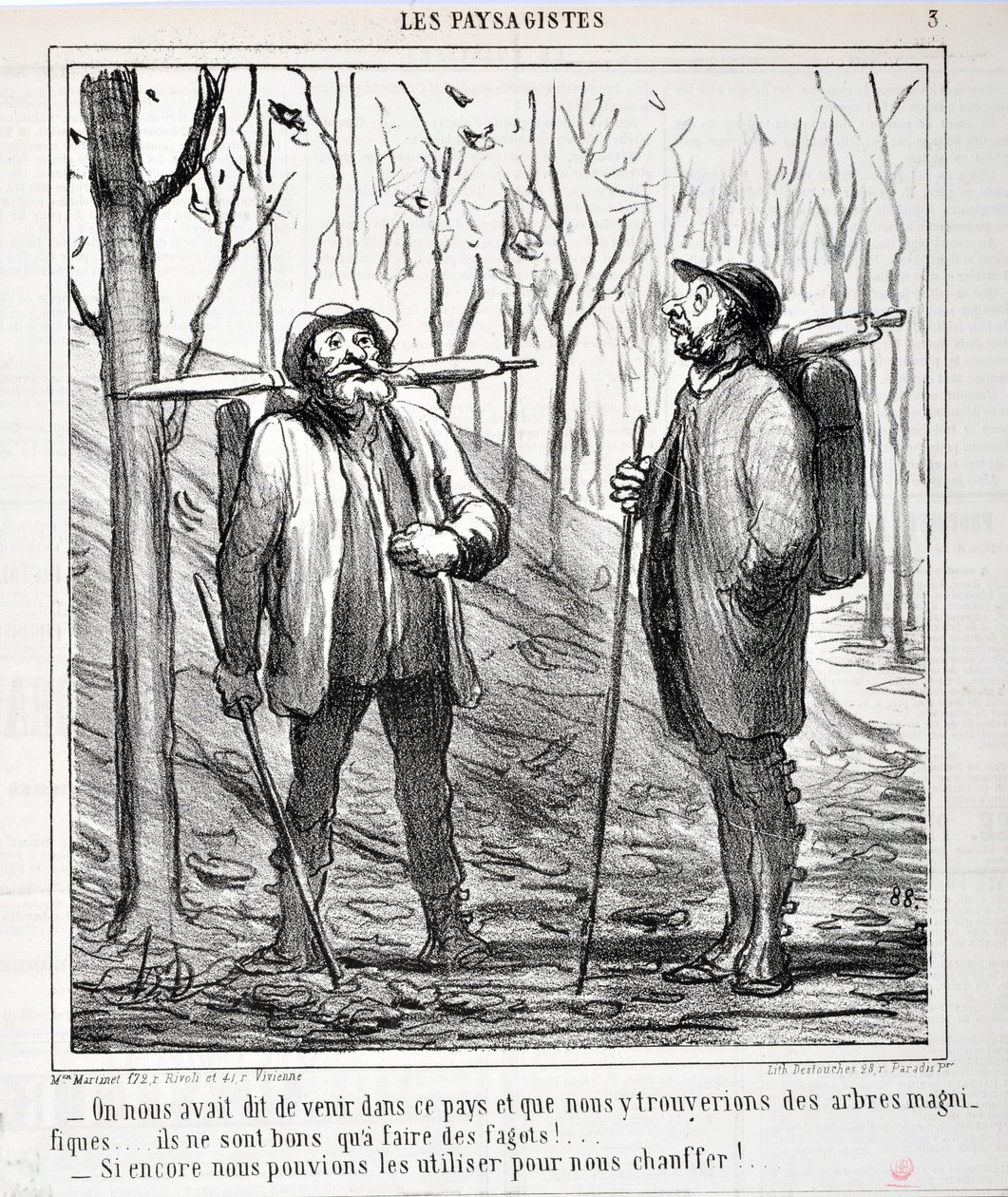 Serie „Die Landschaftsmaler“. „Uns wurde gesagt, wir sollten in dieses Land kommen und dass wir schöne Bäume finden würden... sie sind gut, um Reisig zu machen!... Wenn wir sie zum Heizen benutzen könnten!...“. von Honoré Daumier