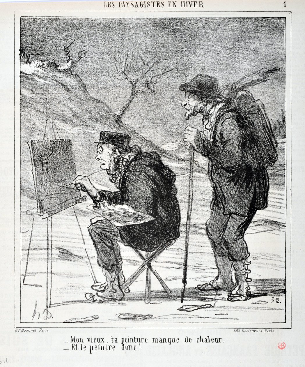 Charivari von 1864: Serie LES LANDSAGISTS IN WINTER. - Mein Alter, dein Gemälde fehlt es an Wärme - Und dem Maler auch! MUSEUM OF FINE ARTS - PALACE LONGCHAMP, MARSEILLE von Honoré Daumier
