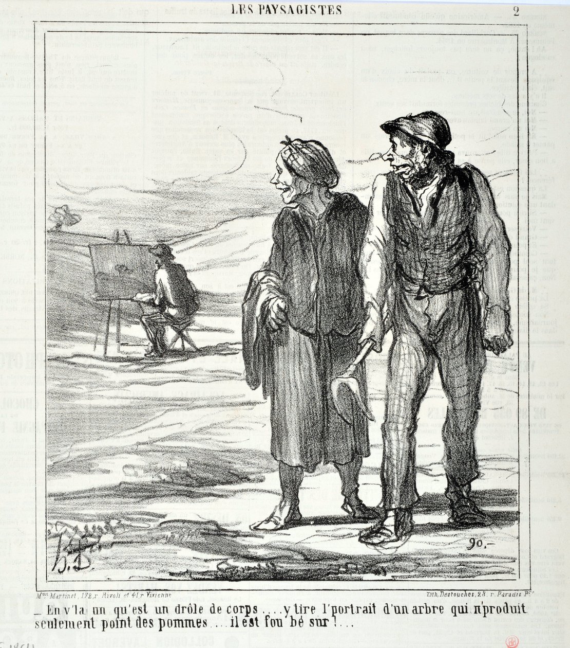 Charivari von 1864: Serie LES LANDSAGISTS. - In diesem hier ist ein lustiger Körper... zeichnet ein Porträt eines Baumes, der nur Äpfel produziert... er ist verrückt danach! MUSEUM OF FINE ARTS - PALACE LONGCHAMP von Honoré Daumier