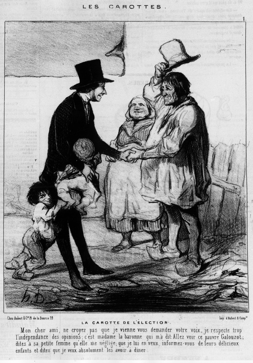 Wahlkandidat besucht eine Bauernfamilie: „Die Karotte der Wahl“ - Karikatur von Daumier, in „Charivari“ vom 21.03.1844 von Honoré Daumier