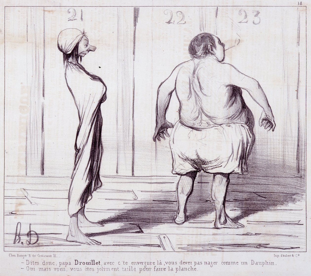 Karikatur über Erscheinungen. Serie „Die Badenden“: „Sag Papa Drouillet...“ von Honoré Daumier