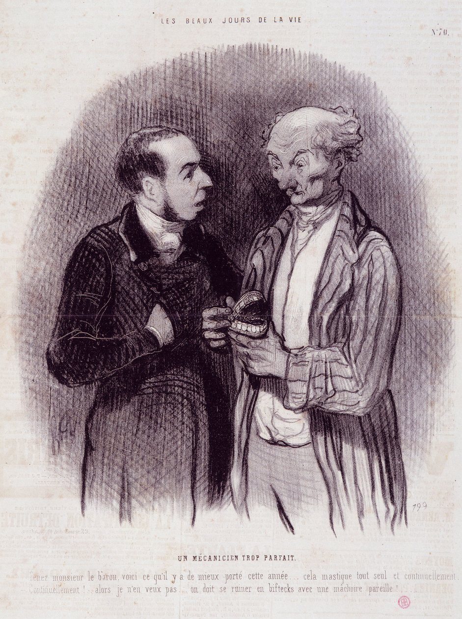 Karikatur über Zahnärzte. Serie „Die schönen Tage des Lebens“: Ein zu perfekter Mechaniker... von Honoré Daumier