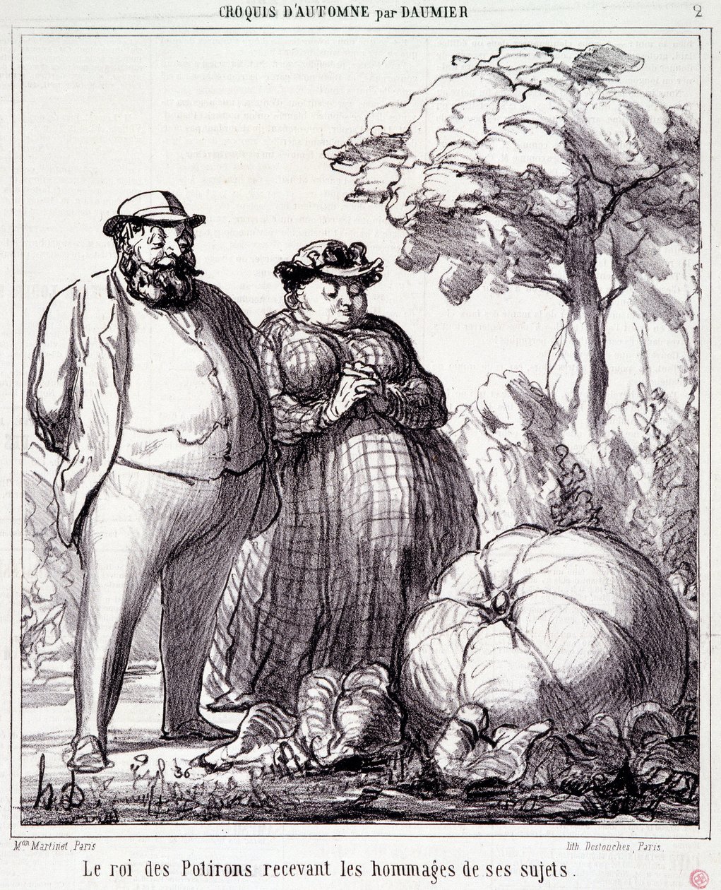 Karikatur über Gartenarbeit. Serie „Herbstskizze“: „Der Kürbiskönig empfängt Huldigungen von seinen Untertanen“ von Honoré Daumier