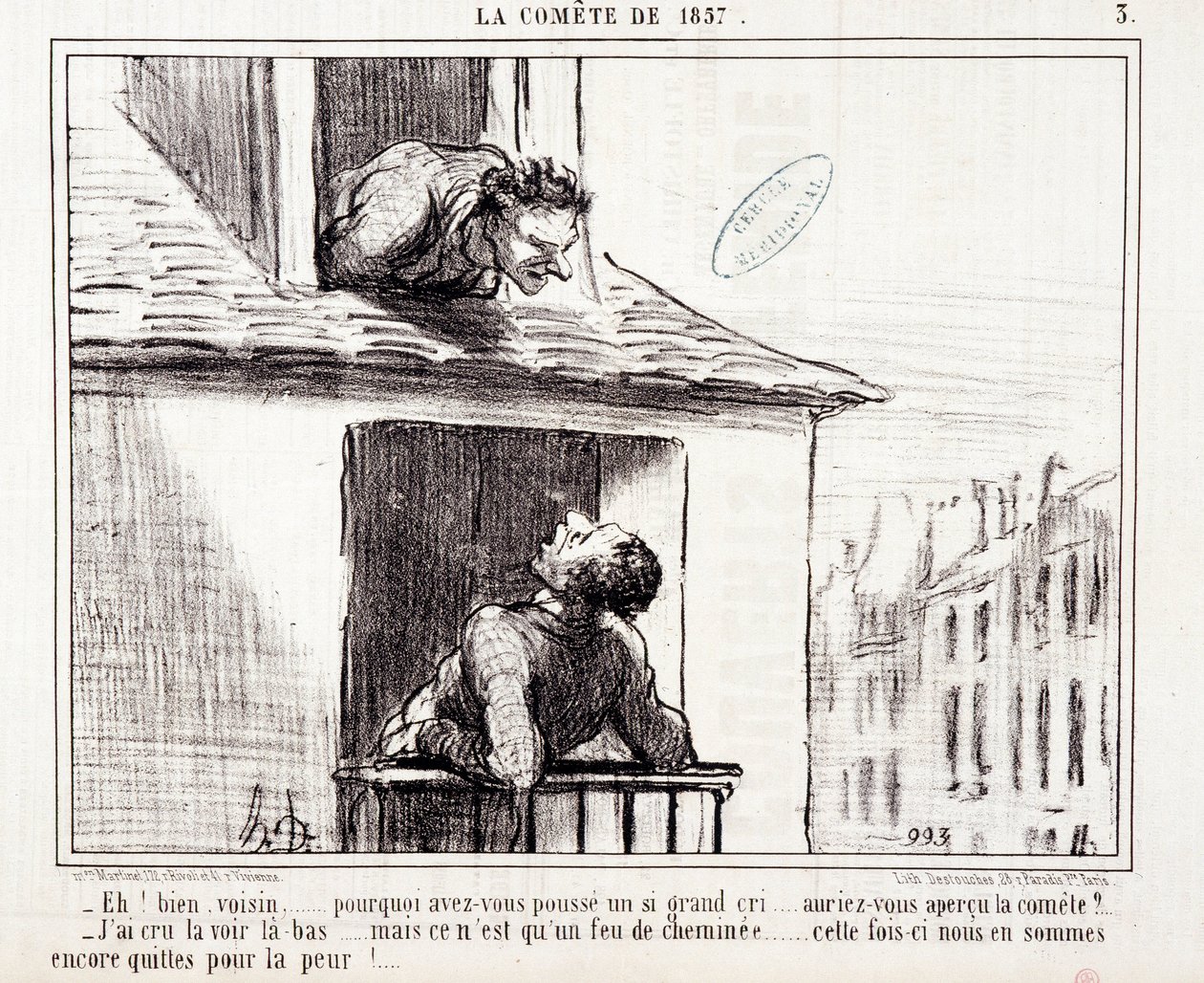 Karikatur über Wissenschaft. Serie über „den Kometen von 1857“: „Nun, Nachbar... warum hast du so einen großen Schrei gemacht...“ Gravur von Honore Daumier (1808-1879). Auszug aus der Zeitung „Le Charivari“ vom 11. März von Honoré Daumier