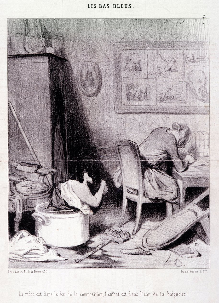 Karikatur über Schriftstellerinnen. Serie „Bas Bleus“: „Die Mutter ist im Feuer der Komposition, das Kind im Wasser des Bades!“ von Honoré Daumier