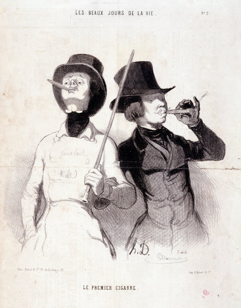 Karikatur über junge Dandys. Serie „Die schönen Tage des Lebens“: „Die erste Zigarre“ von Honoré Daumier