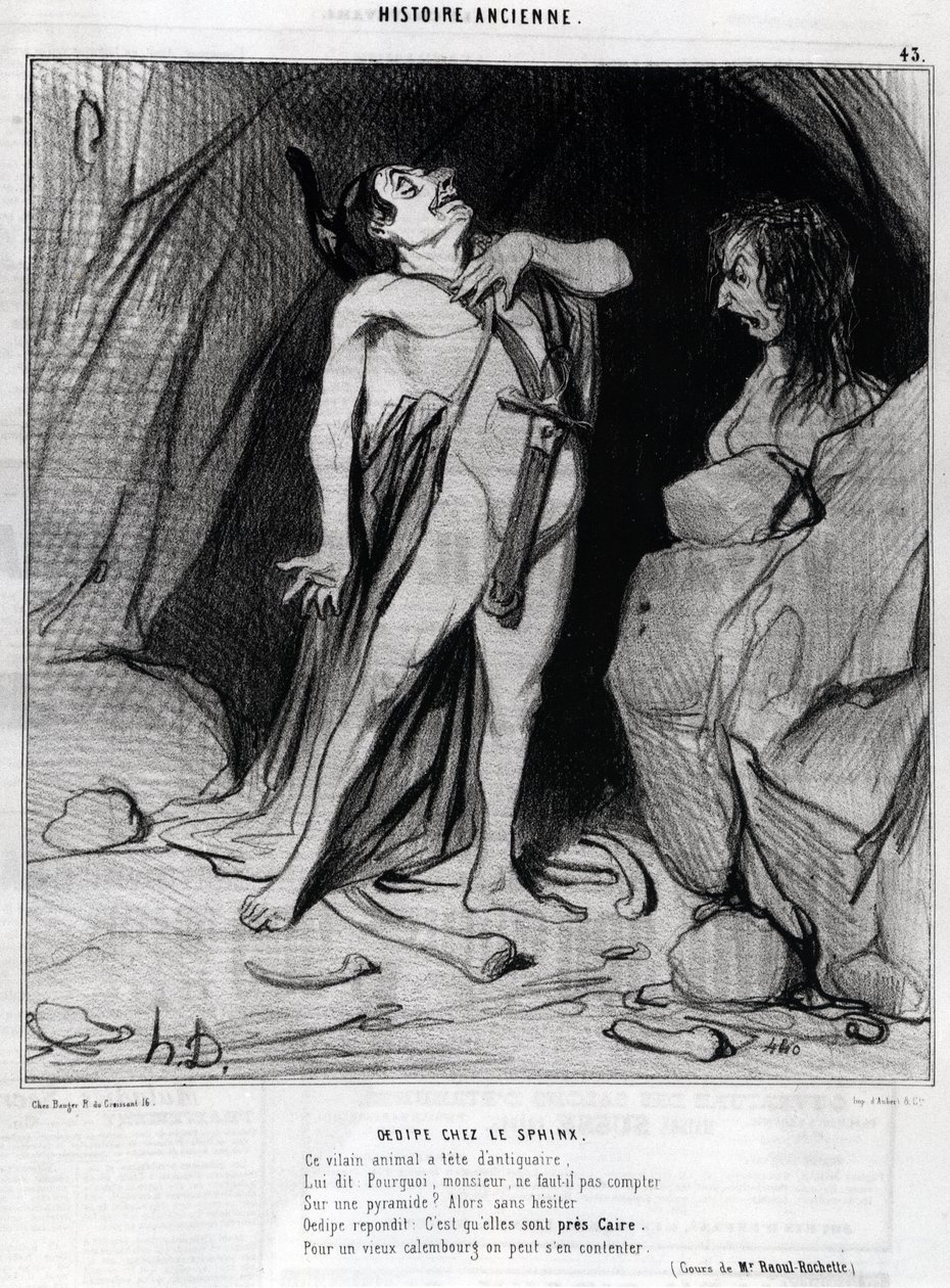 Karikatur von Honore Daumier über Ödipus und die Sphinx, in „Charivari“, 12. Dezember von Honoré Daumier