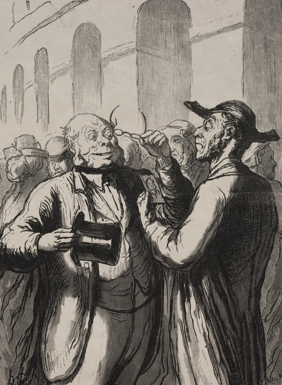Weltausstellung: Die Inspektion der Fotografien an den Drehkreuzen. Die Kahlköpfigen müssen ihren Hut abnehmen und die Kurzsichtigen ihre Brille von Honoré Daumier