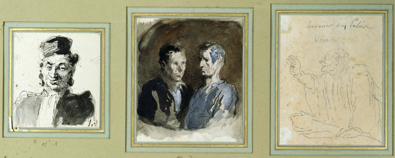 Frontalansicht eines Anwalts, zweier Angeklagter und eines Streiters von Honoré Daumier