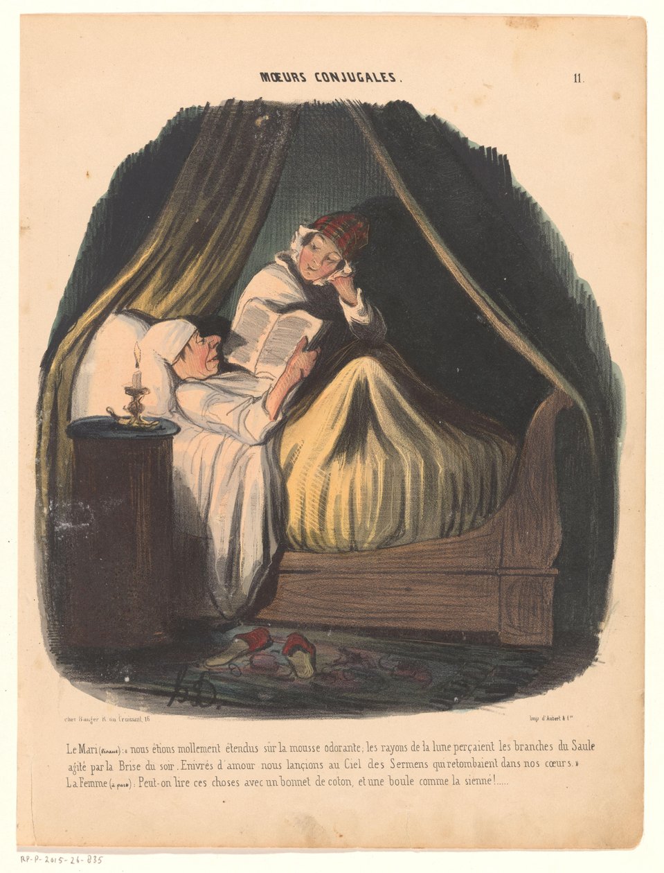 Lesender Mann im Bett mit seiner Frau daneben von Honoré Daumier