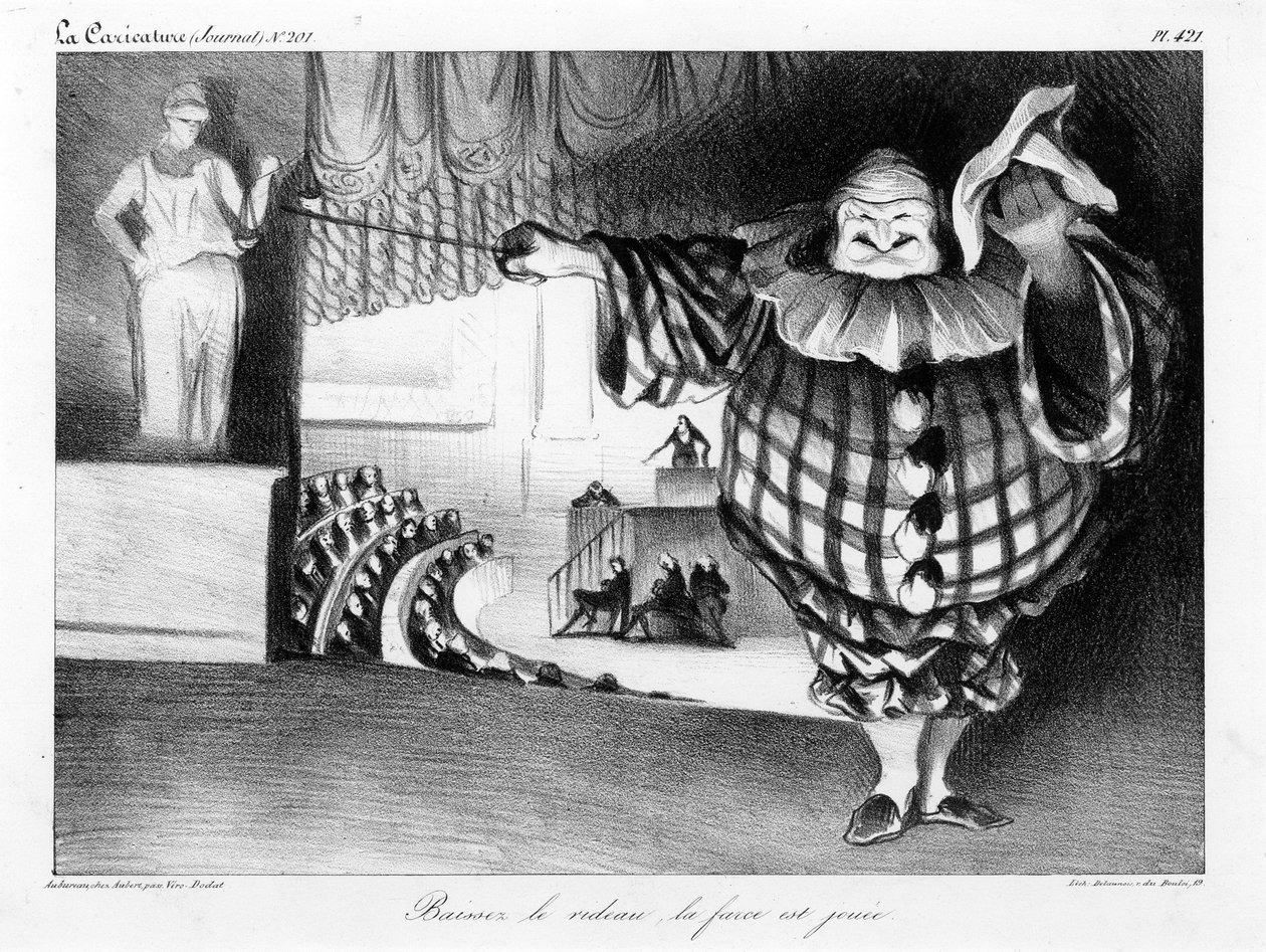 Vorhang senken, die Farce ist zu Ende (Baissez le rideau, la farce est jouée) Platte 421 von Honoré Daumier