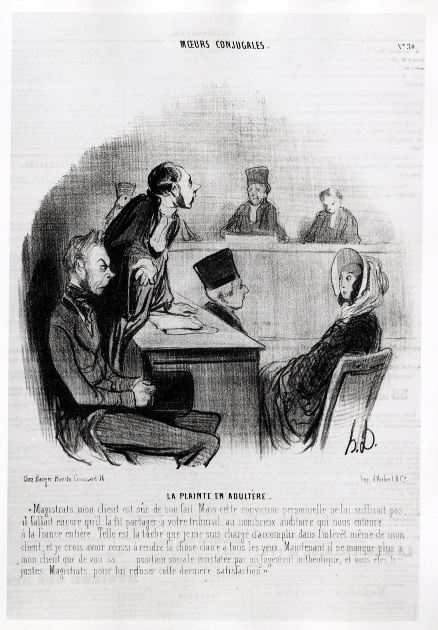 Ehe: Klage wegen Ehebruchs. Illustration von Honore Daumier (1808-1879), veröffentlicht in den Nachrichten in „Charivari“, datiert 20. November 1840 von Honoré Daumier