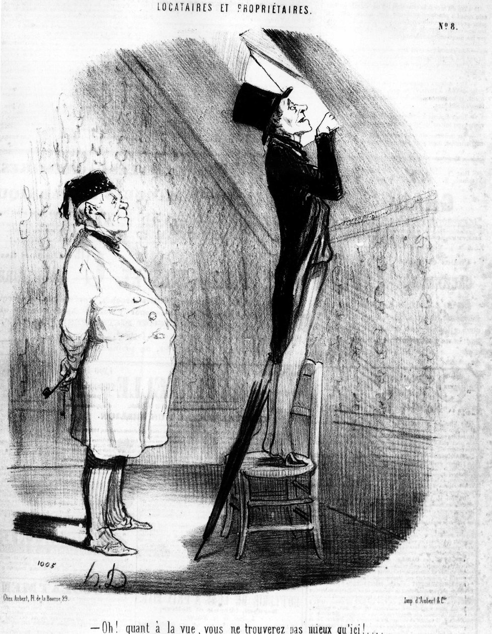 Oh! Was die Aussicht betrifft, werden Sie nichts Besseres finden als hier!... , aus „Mieter und Eigentümer“, Karikaturenserie von Honore Daumier (1808-1879). „Charivari“ von Honoré Daumier