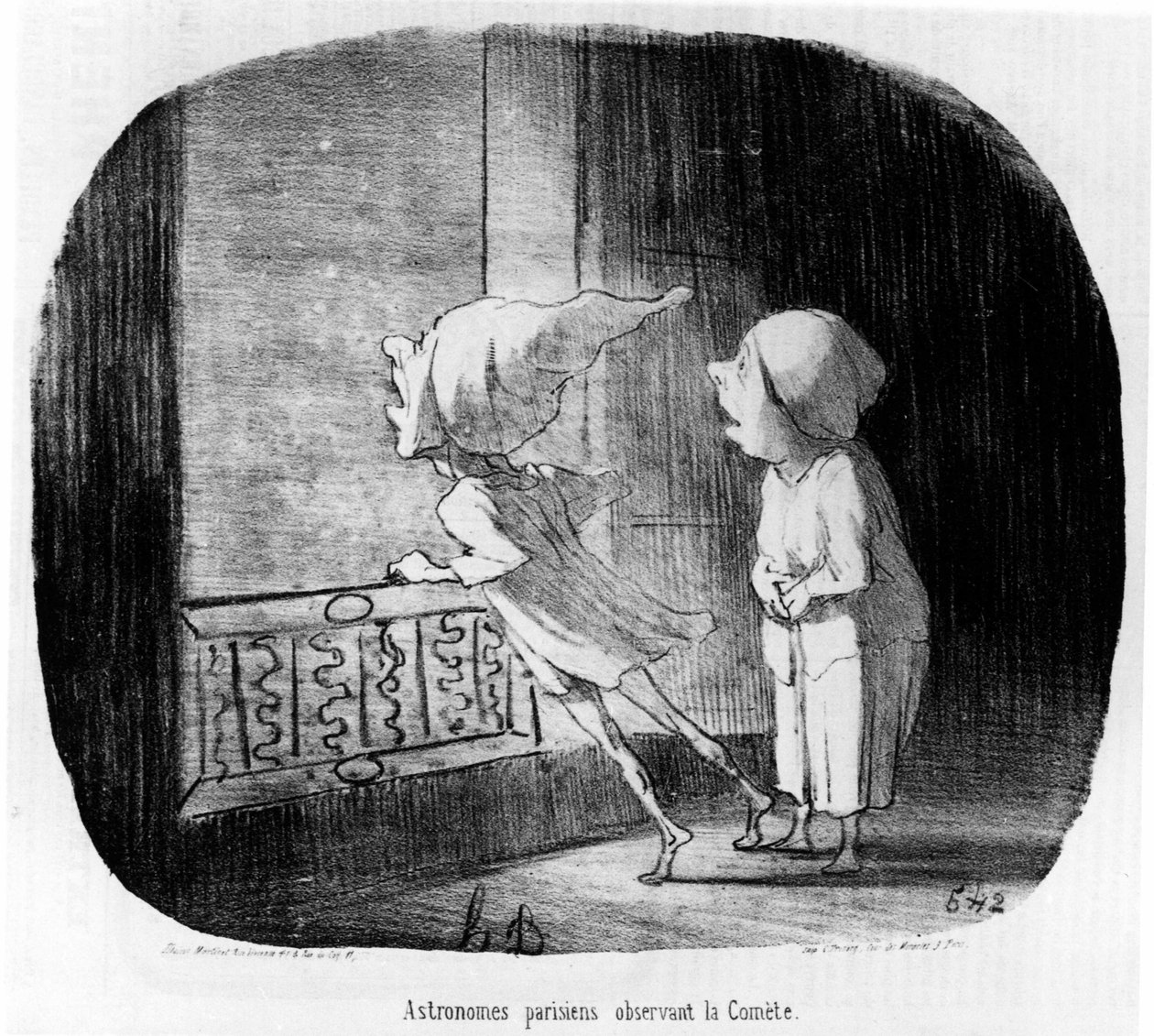 Pariser Astronomen beobachten den Kometen, aus „Astronomie“, einer Serie von Karikaturen über Astronomen und den Kometen von Honore Daumier (1808-1879). „Charivari“ von Honoré Daumier